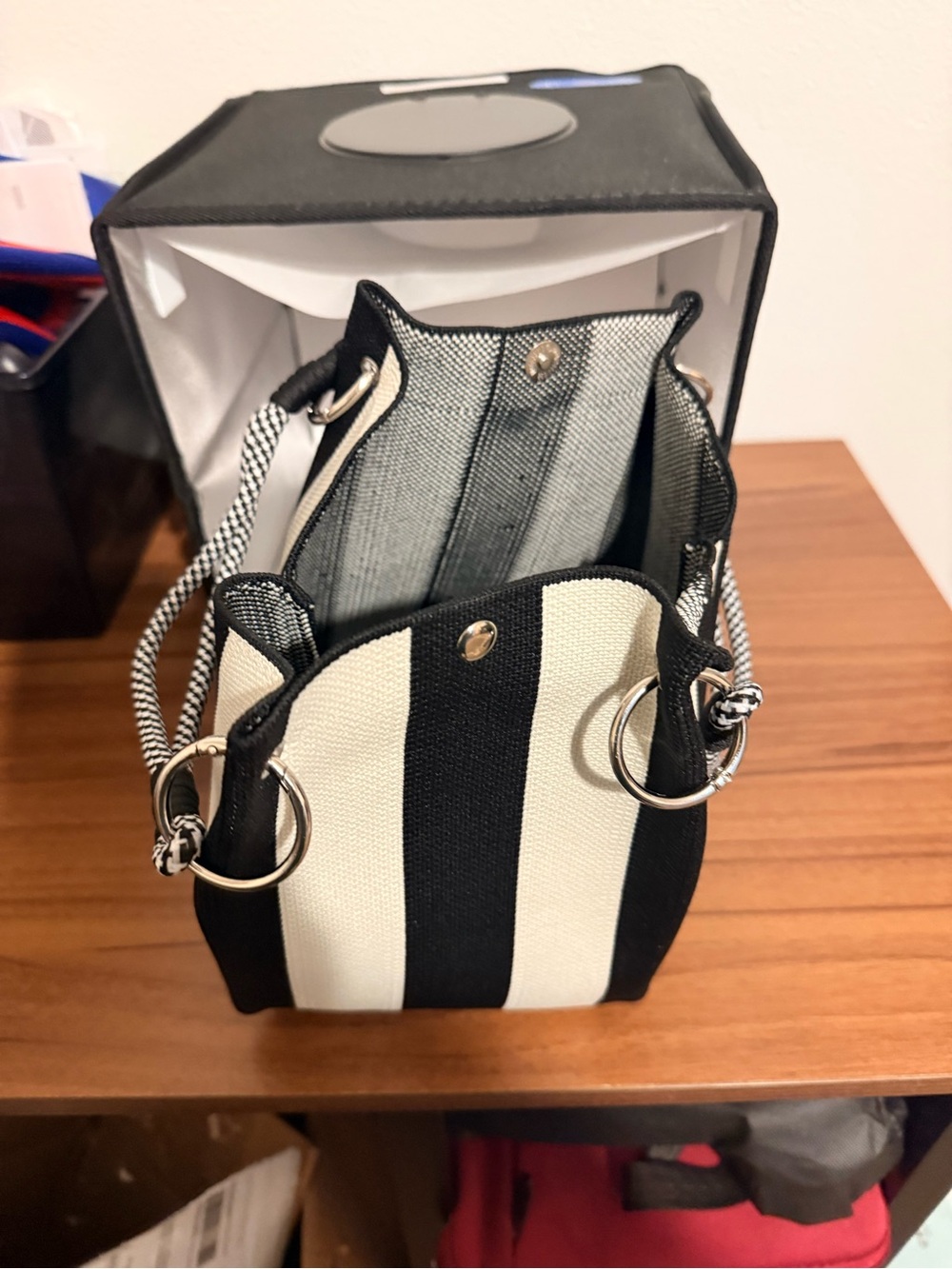 Striped Canvas Tote Bag - Black and White